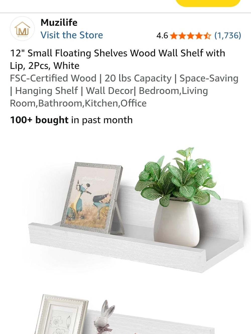 White Floating Wall Shelf - 12" Small Wood Shelf (2-Pack)
